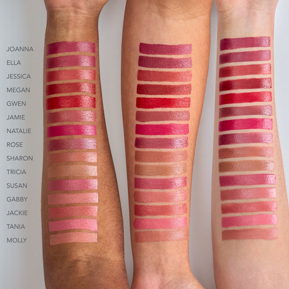 jane iredale Triple Luxe Lipstick alle nyanser testet på armer